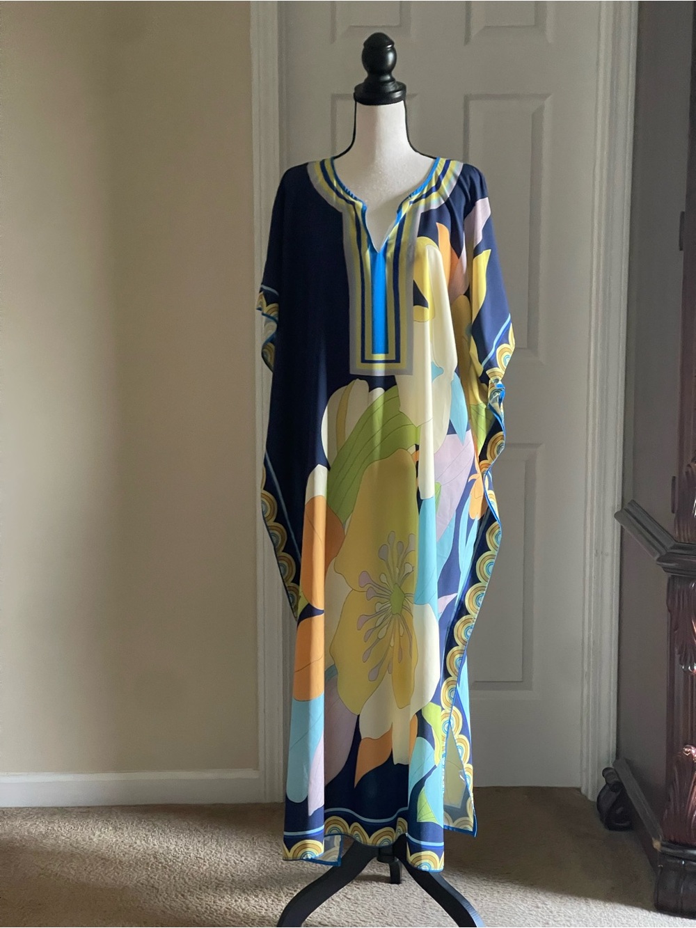 Colorful Floral Kaftan Tunic - Navy, Yellow, Green